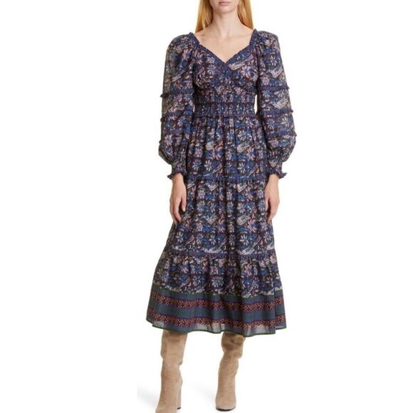 SEA Noah Print Smocked Maxi Dress In Navy 14 - Picture 5 of 16